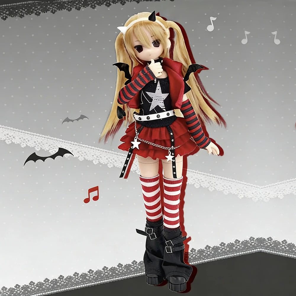 A blonde BJD collectible doll dressed in a red and black outfit with striped sleeves, featuring long hair and boots.