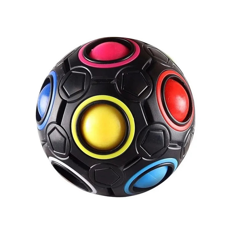 A black cube fidget toy with colorful, spherical, translucent gems on its surface.