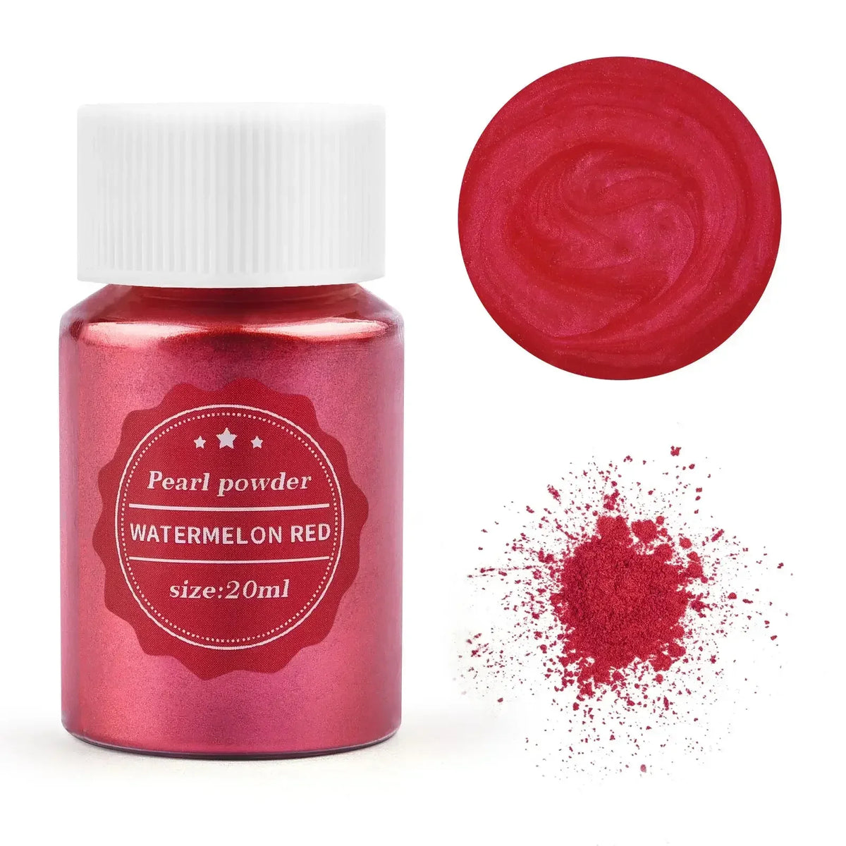 A glass jar of watermelon red pearl powder with a circular swatch and scattered pigment on a white background.