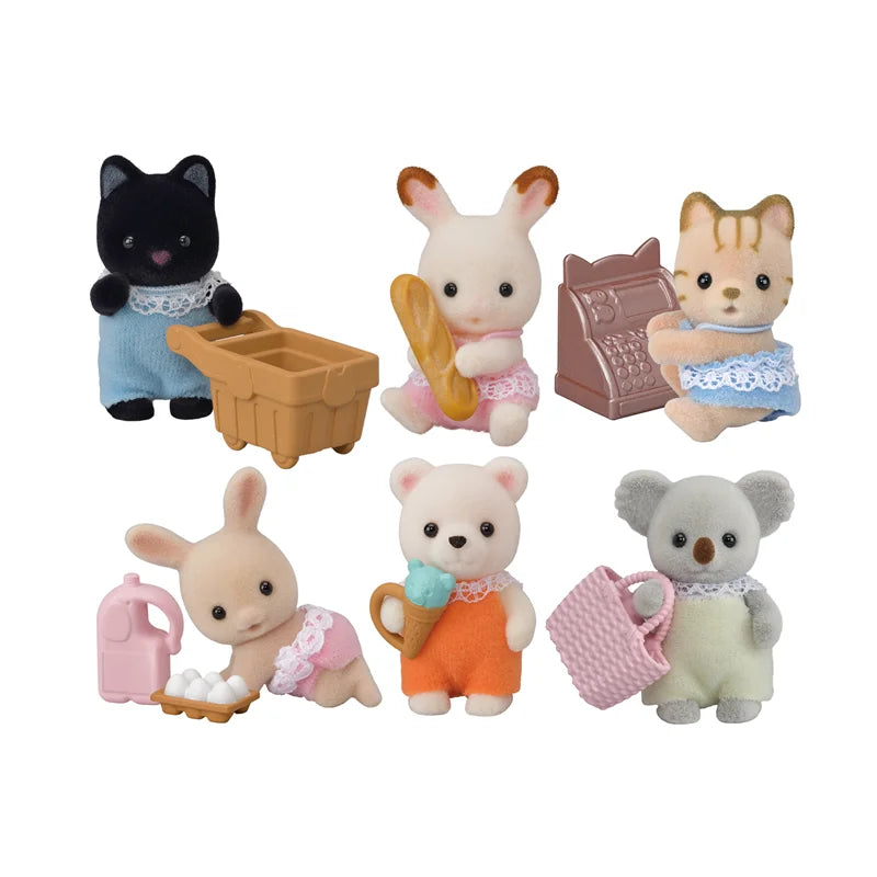 A collection of Sylvanian Families blind bag collectible figures including a black cat, a white rabbit, a ginger cat, and a g