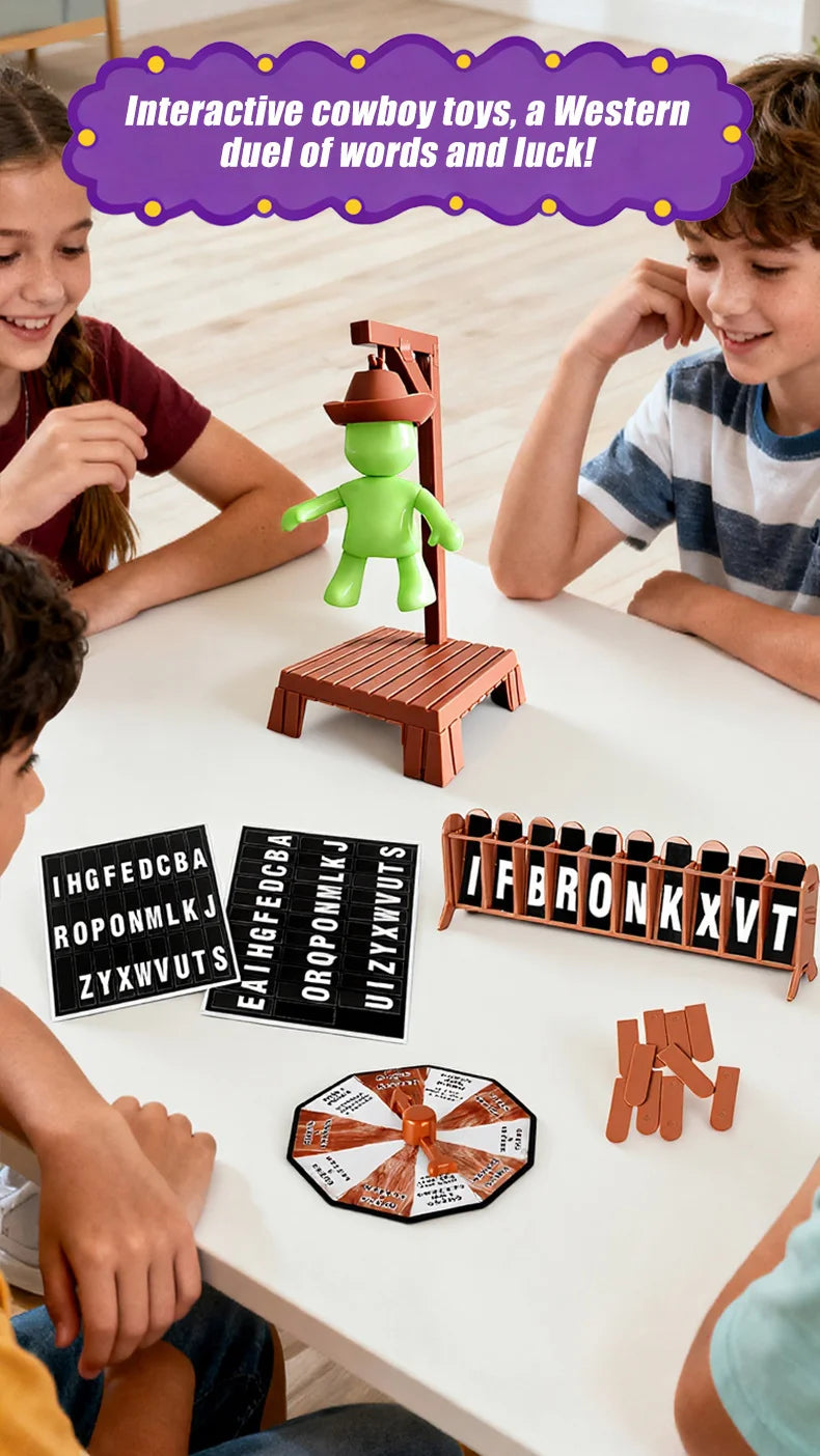 Children playing a cowboy magnetic hangman board game with wooden pieces and letter tiles on a table
