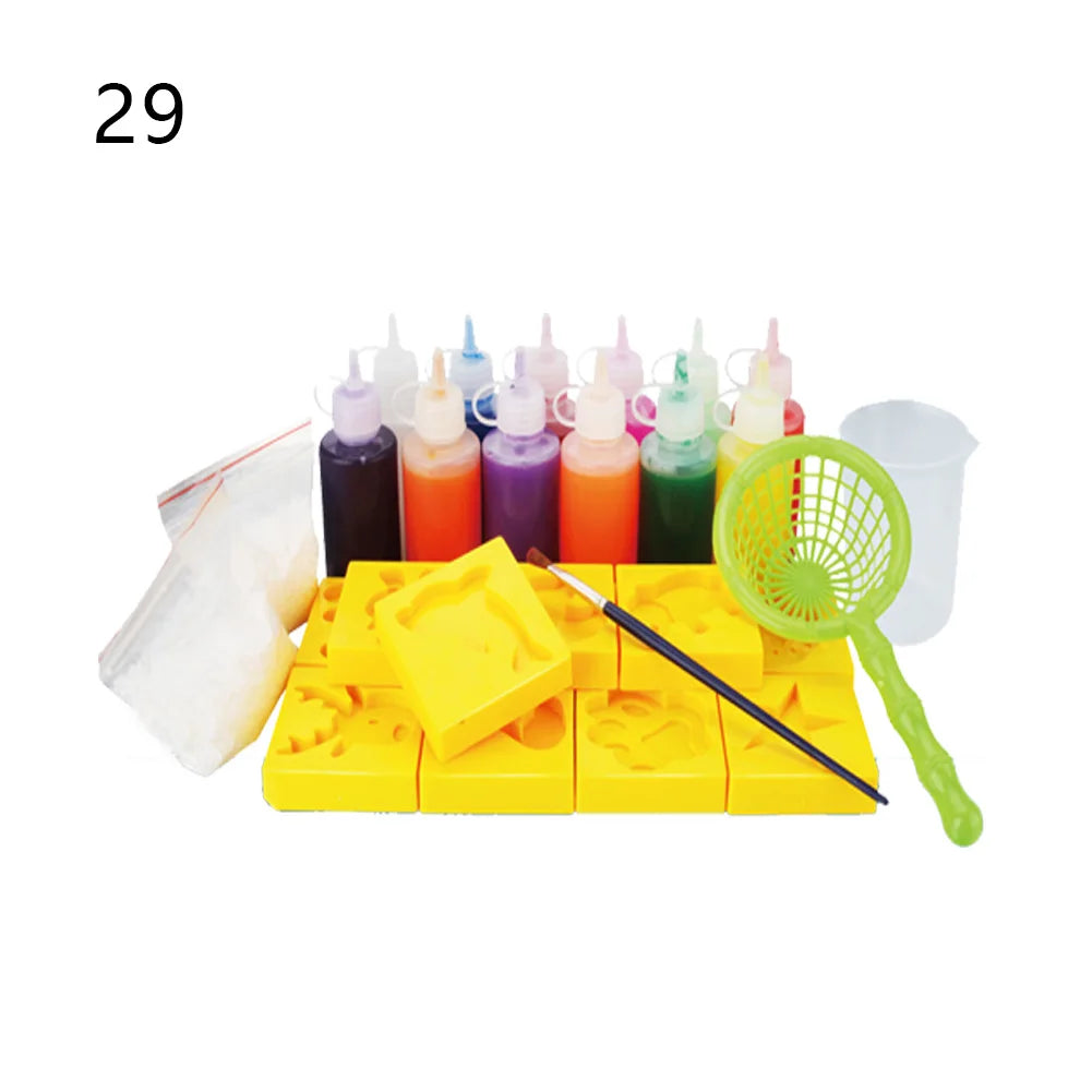 A collection of colorful liquid beads and yellow silicone molds for making magic water animal beads.