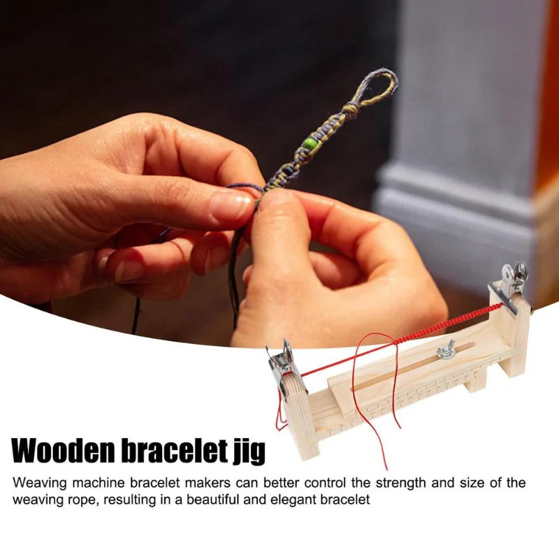 Hands are shown weaving a bracelet using an adjustable wooden jig and clips to control the strength and size of the rope.