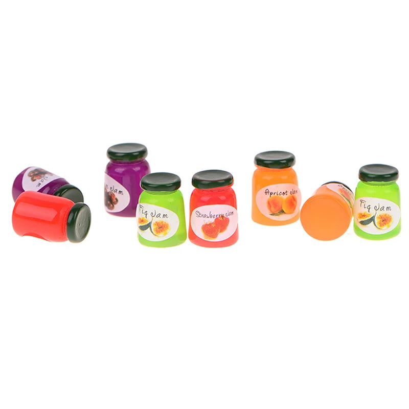A set of miniature ceramic jam jars in various colors and flavors for dollhouse kitchens