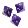 A set of purple acrylic polyhedral dice showing various numbers and shapes.