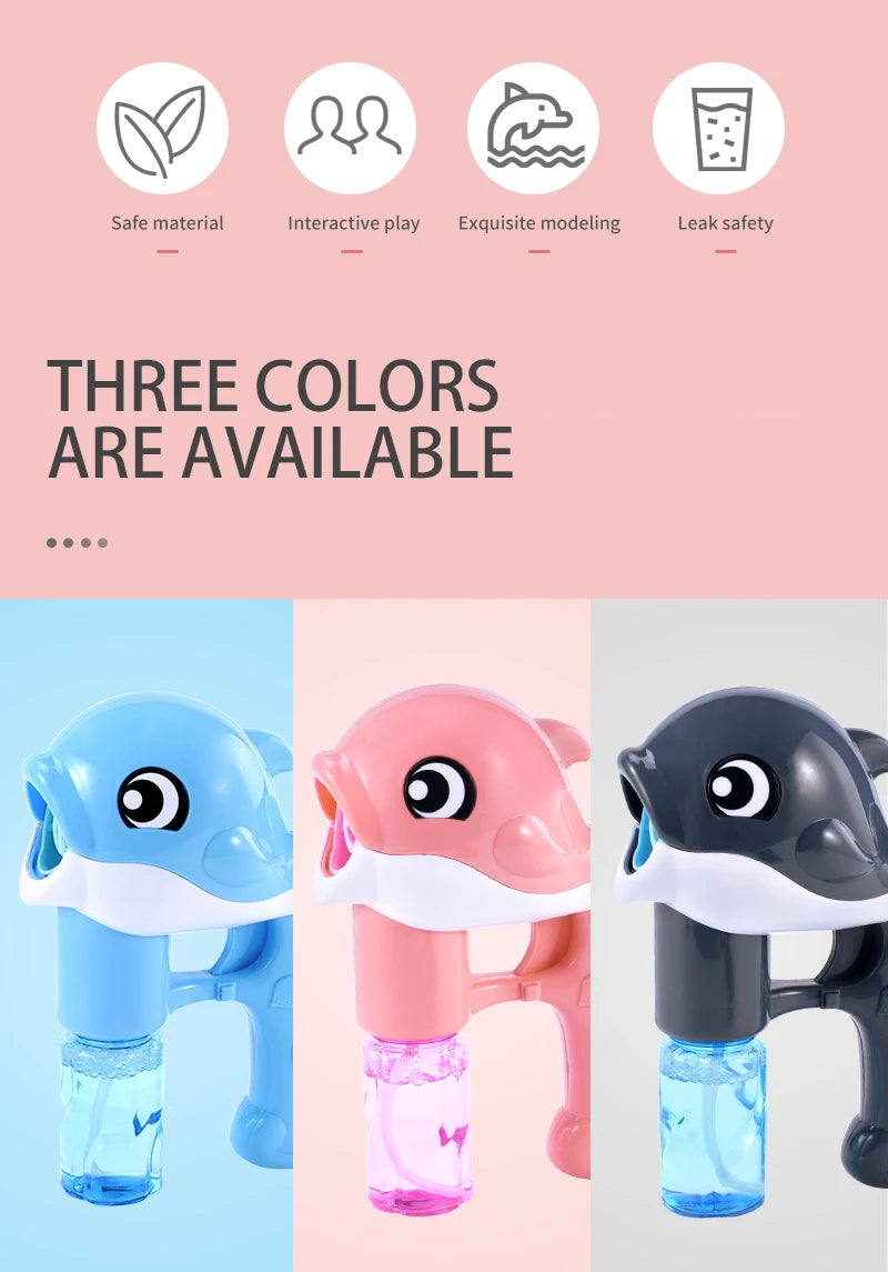 Three colors of the Whale Bubble Gun are shown in blue, pink, and gray.