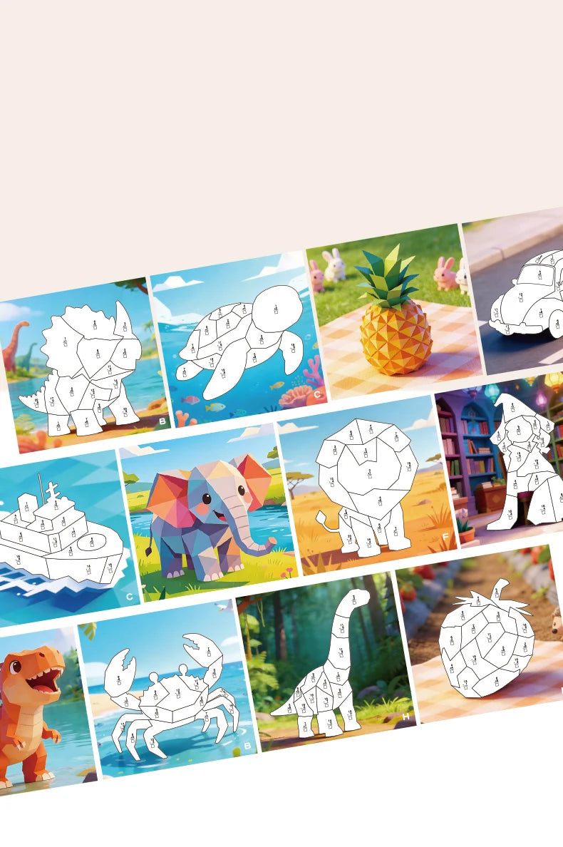 A collection of 3D sticker art puzzles featuring various dinosaur and animal designs on a wooden background.
