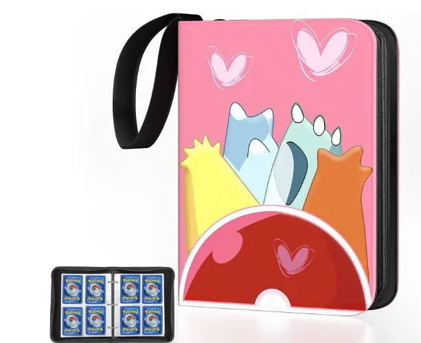 A pink PU leather card binder with a zipper and a black strap, featuring heart-shaped designs.