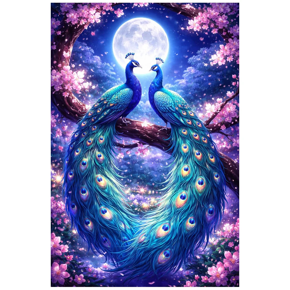 A vibrant painting featuring two iridescent blue peacocks silhouetted against a bright full moon and pink floral background.