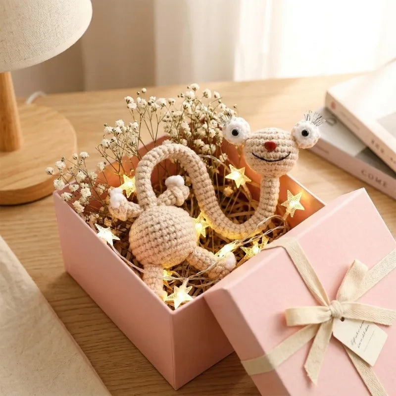 Pink box containing a handmade crochet sloth and squirrel plush charm with dried flowers and gold stars