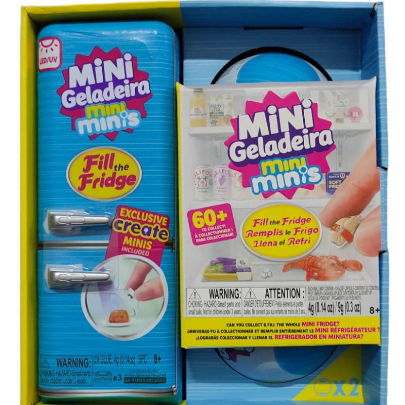 A box of Mini Geladeira Mini minis collectible toy with a pink and blue design.