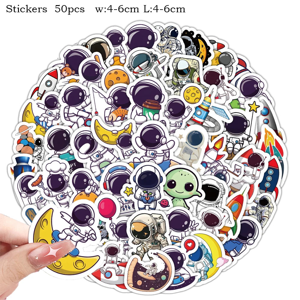 A collection of 50 stickers featuring outer space astronauts and space-themed characters.