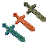 Three pixel art extendable swords in gold, red, and blue with interlocking joints.