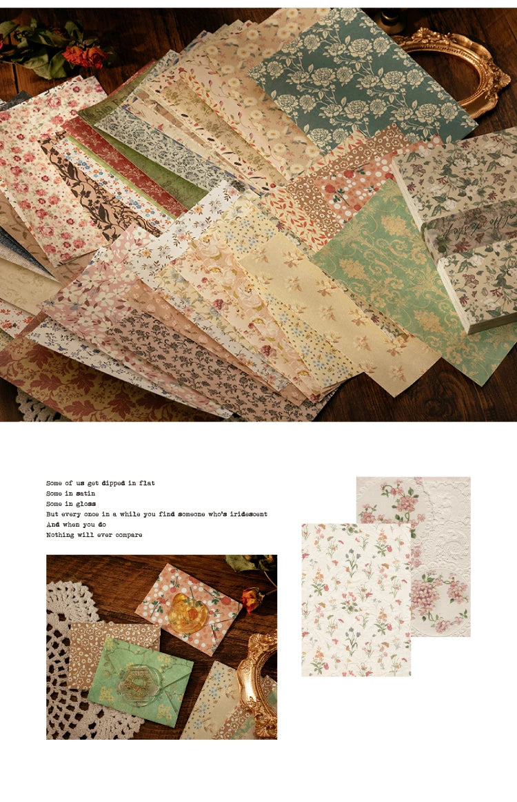 A collection of vintage patterned scrapbook paper sheets in muted greens, pinks, and creams for crafting.