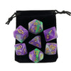 A set of translucent purple polyhedral dice stored in a black fabric bag.