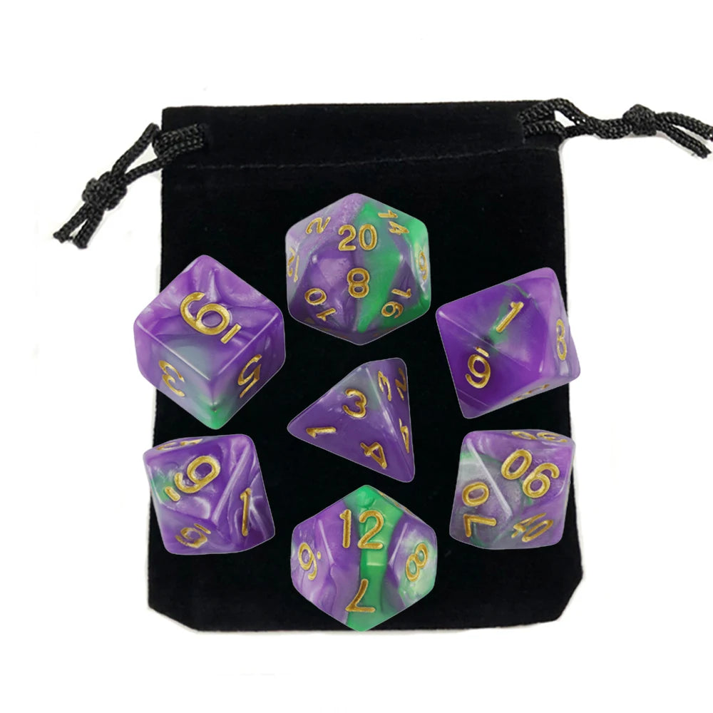 A set of translucent purple polyhedral dice stored in a black fabric bag.