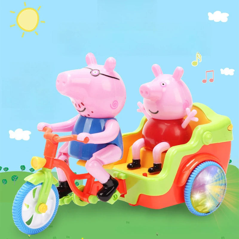 A pink piggy ride-on toy car with a pink pig figure is shown outdoors on green grass.