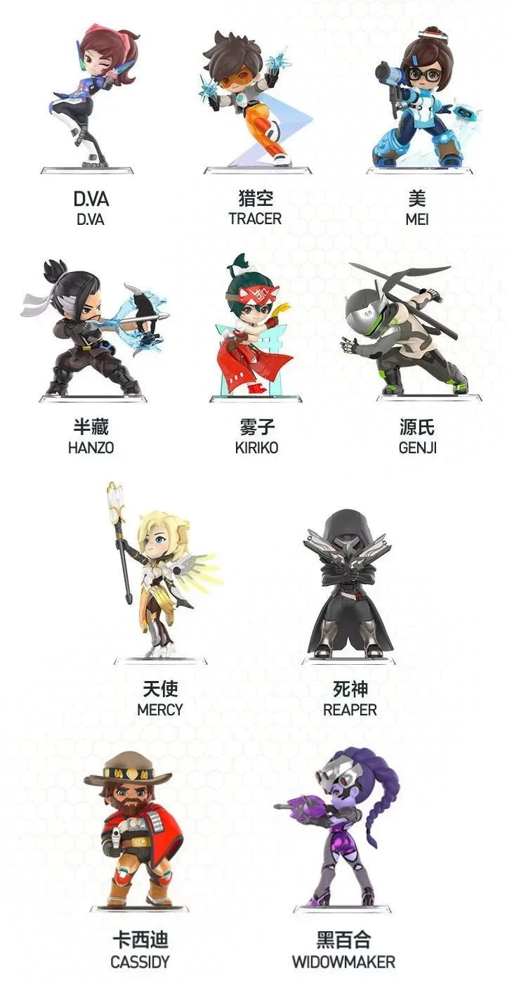 A collection of Overwatch Play of the Game collectible PVC figurines featuring characters like Mei, Genji, and Widowmaker.