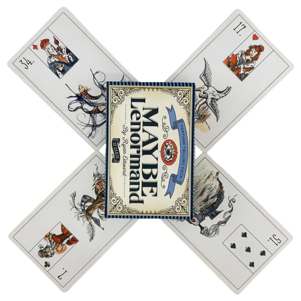 A spread of Lenormand oracle cards showing various illustrations and card numbers.
