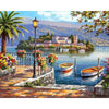A vibrant painting of a scenic lake with boats, a stone dock, and a historic building on an island.
