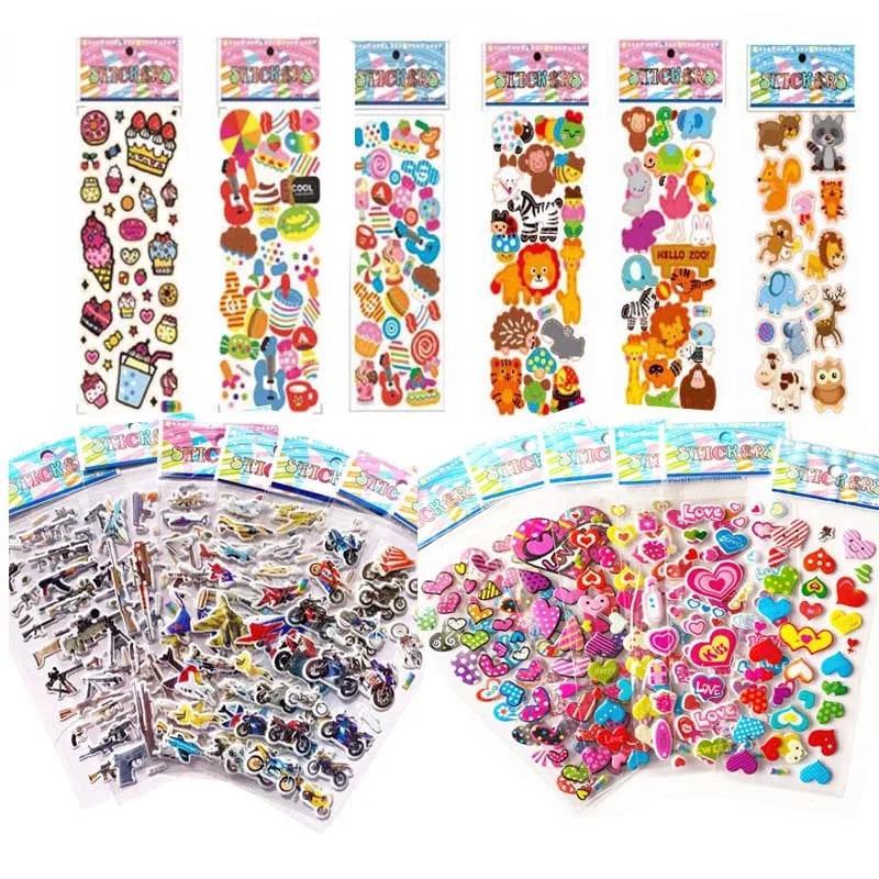A collection of 3D puffy stickers for kids featuring various fun and educational designs on multiple sheets.