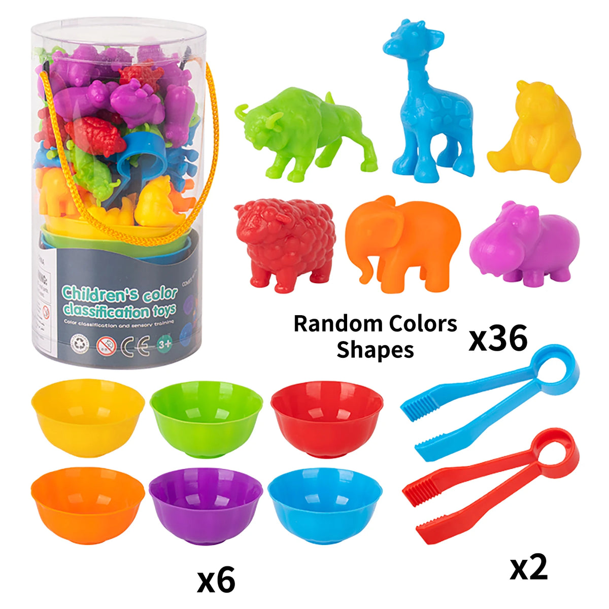 A set of colorful plastic shapes and sorting bowls for children's color classification and sensory training.