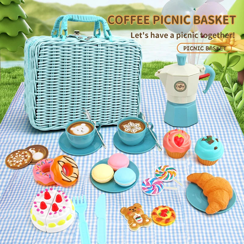 A blue wicker picnic basket filled with pretend food items like donuts, cakes, and bread for a kids tea party set.