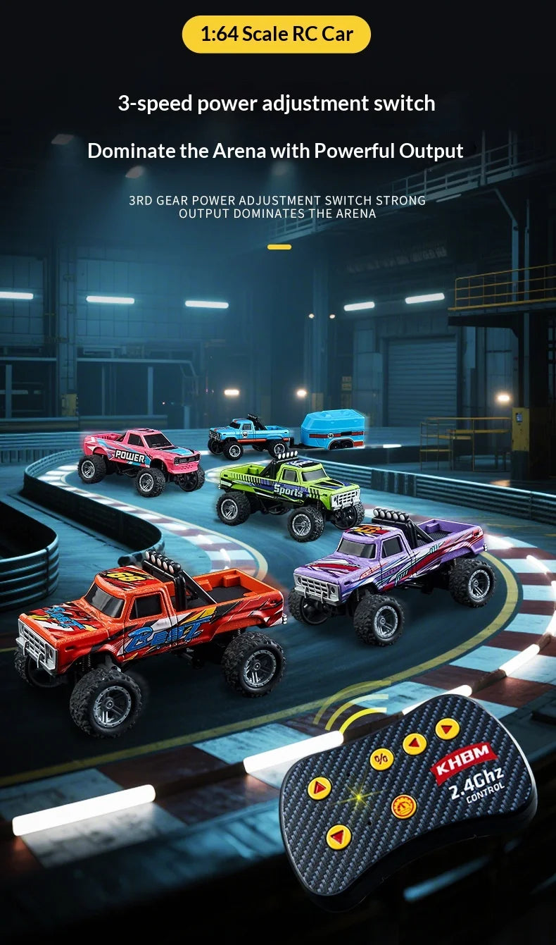 A collection of three 1:64 scale RC monster trucks in various colors driving on a track with an electronic control remote.