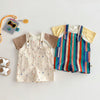 Colorful striped kids overalls featuring a raindrop print and mustard yellow sleeves