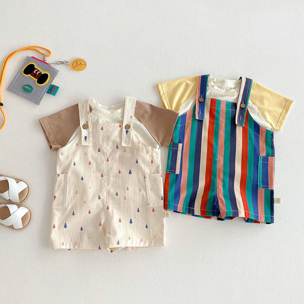 Colorful striped kids overalls featuring a raindrop print and mustard yellow sleeves