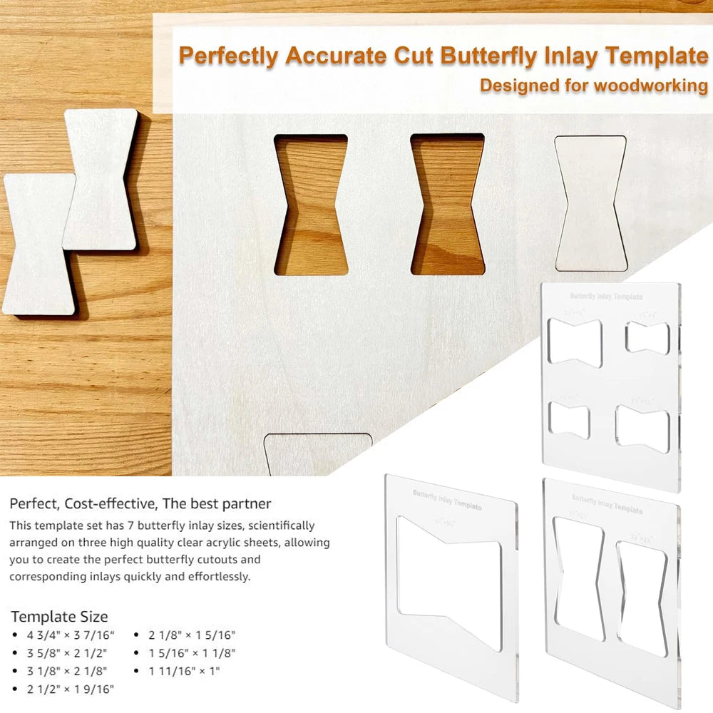A set of butterfly inlay templates and marking rulers for woodworking, showing various sizes and shapes.