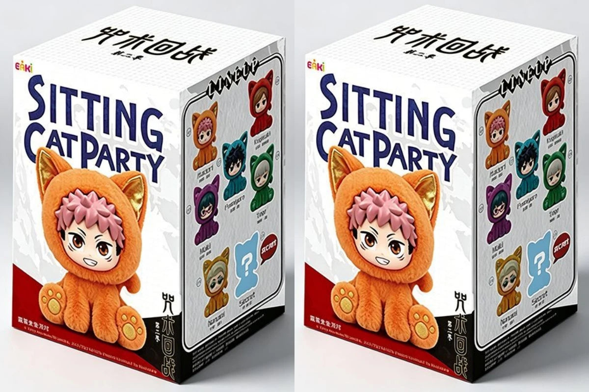 A box of the Jujutsu Kaisen Sitting Cat Party plush pendant collection featuring various cat characters.