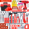 A set of red and black battery-powered tools including a drill, pliers, and various plastic parts for play.