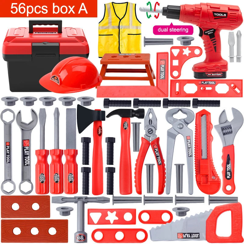 A set of red and black battery-powered tools including a drill, pliers, and various plastic parts for play.