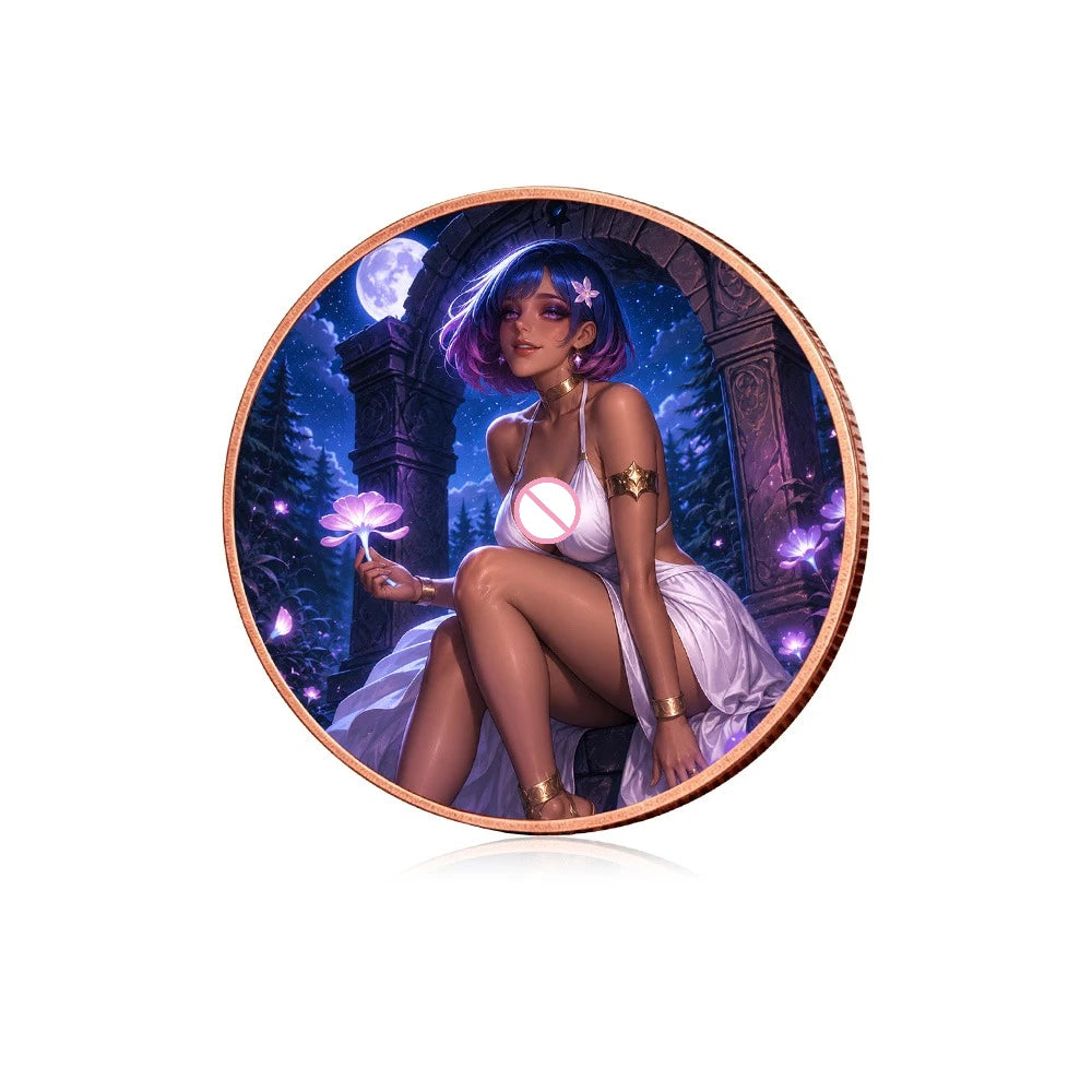 A fantasy witch with purple hair and glowing eyes sits in an arched doorway under a full moon, holding a pink flower.