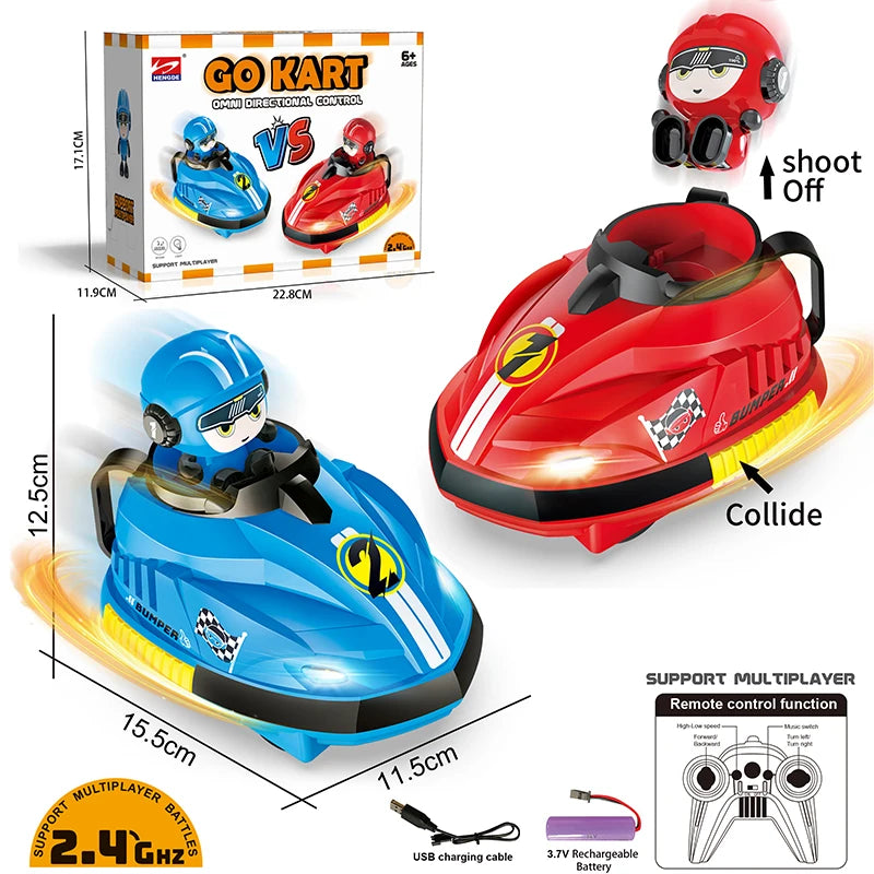 A red and blue Go Kart remote control battle car toy with accessories and a battery charger.