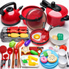A colorful kids play kitchen cooking set featuring red pots, pans, and various food items like eggs and bread.