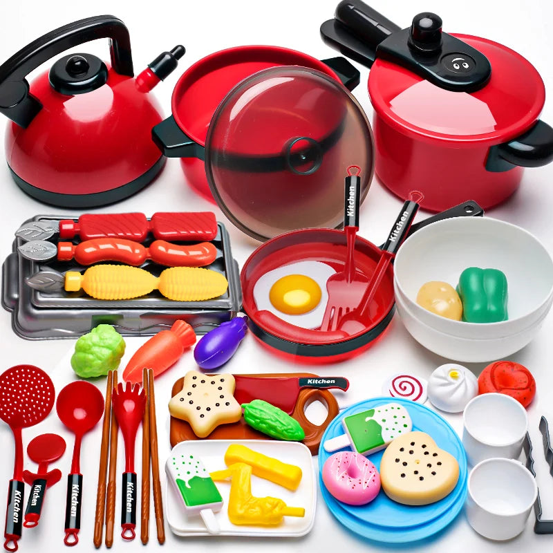 A colorful kids play kitchen cooking set featuring red pots, pans, and various food items like eggs and bread.
