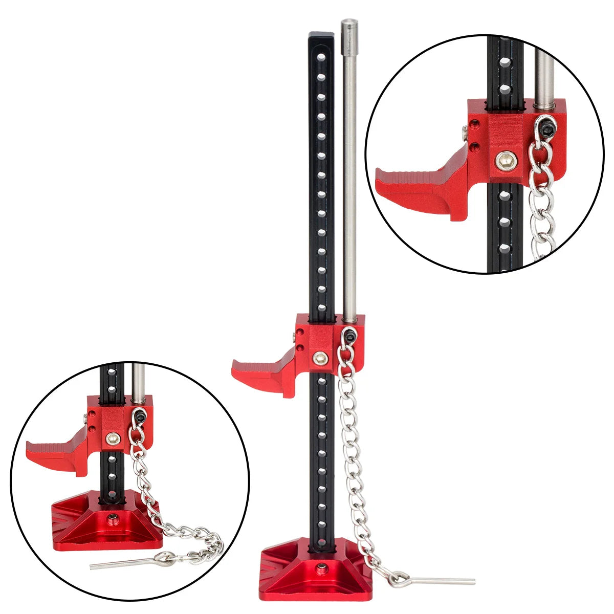 Pied de levage miniature en métal rouge avec chaîne, assemblé pour un véhicule RC crawler.