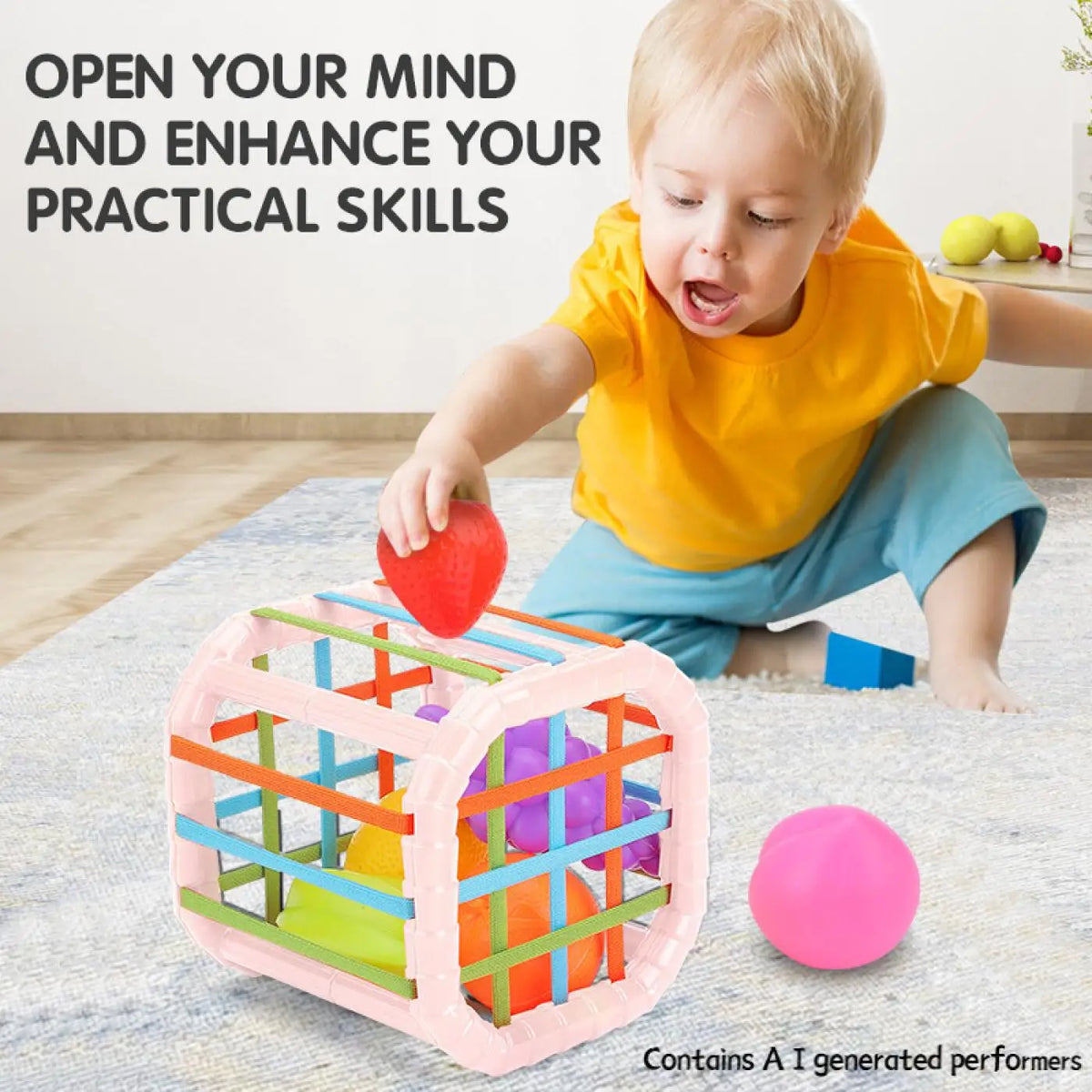 A toddler plays with a pink plastic shape-sorting toy containing colorful balls on a light blue rug.