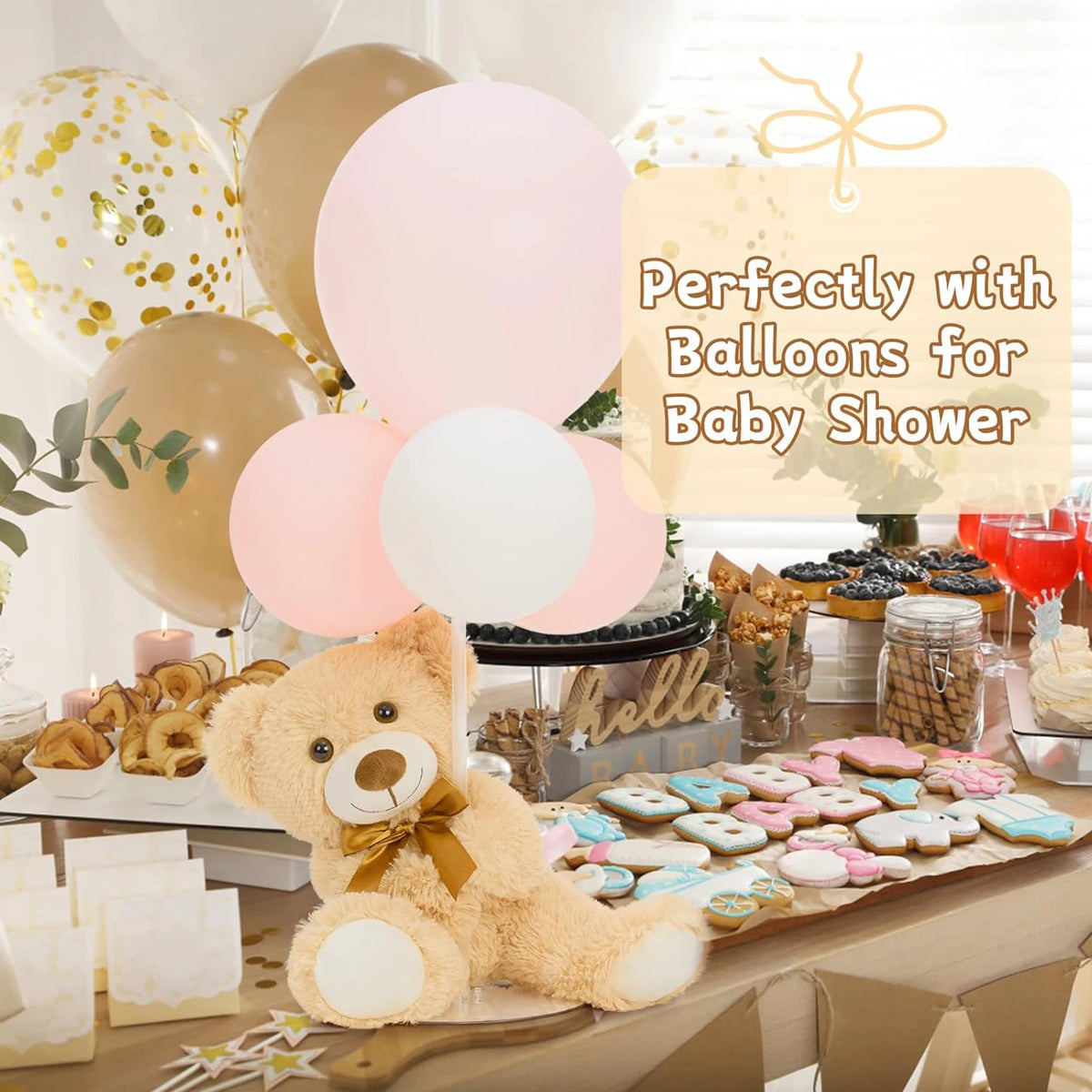 A fluffy yellow teddy bear is displayed on a wooden board surrounded by pink and white balloons for a baby shower.
