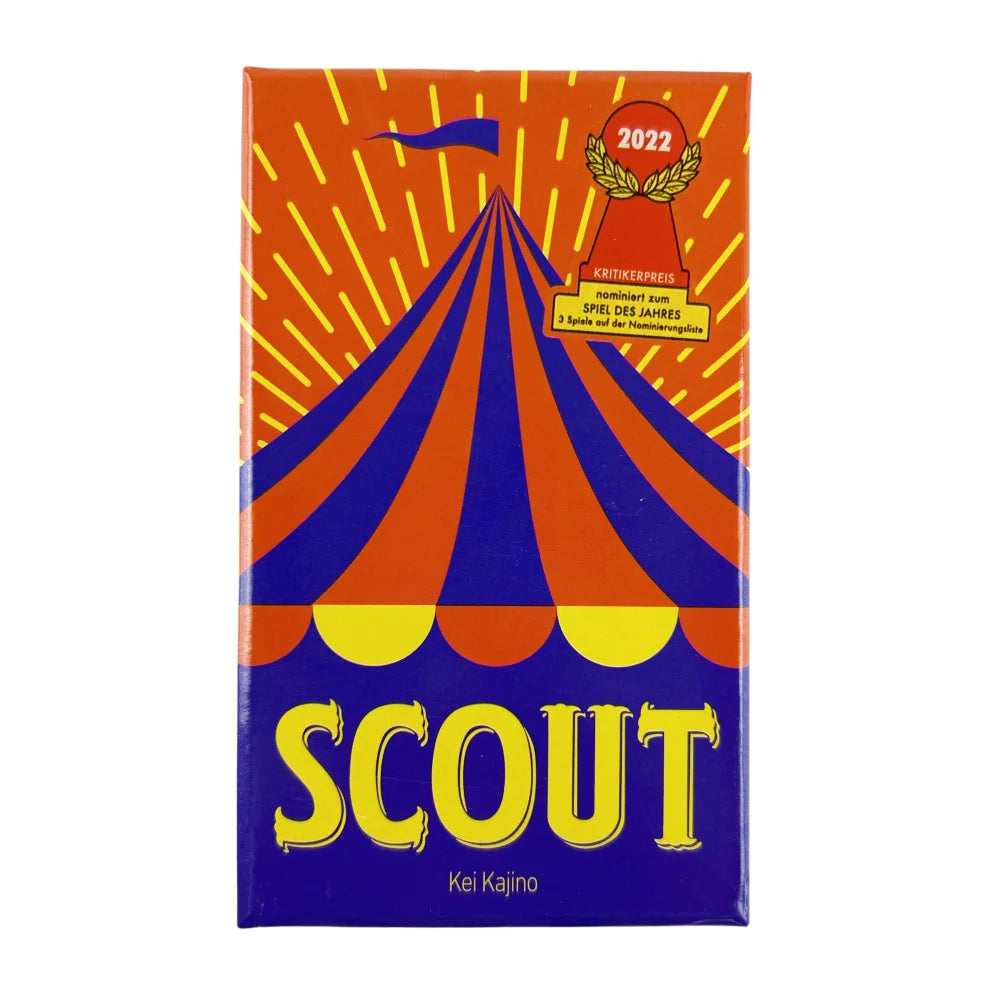 Box art for the Scout card game featuring a tent design and the year 2022