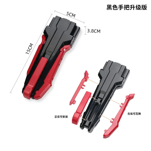 Black gyro launcher accessory with red components shown in various configurations and dimensions