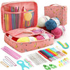 A pink organizer case holds a 59-piece beginner crochet kit including various colored yarn and needles.