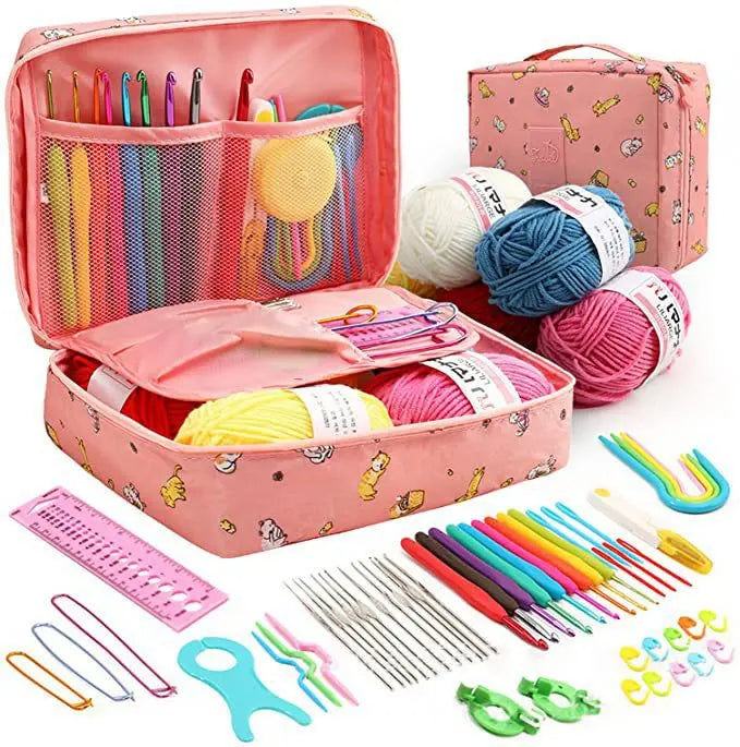 A pink organizer case holds a 59-piece beginner crochet kit including various colored yarn and needles.