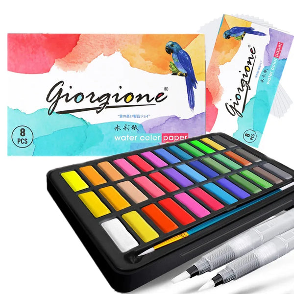 A professional watercolor painting set featuring colored paper and brushes for art creation.