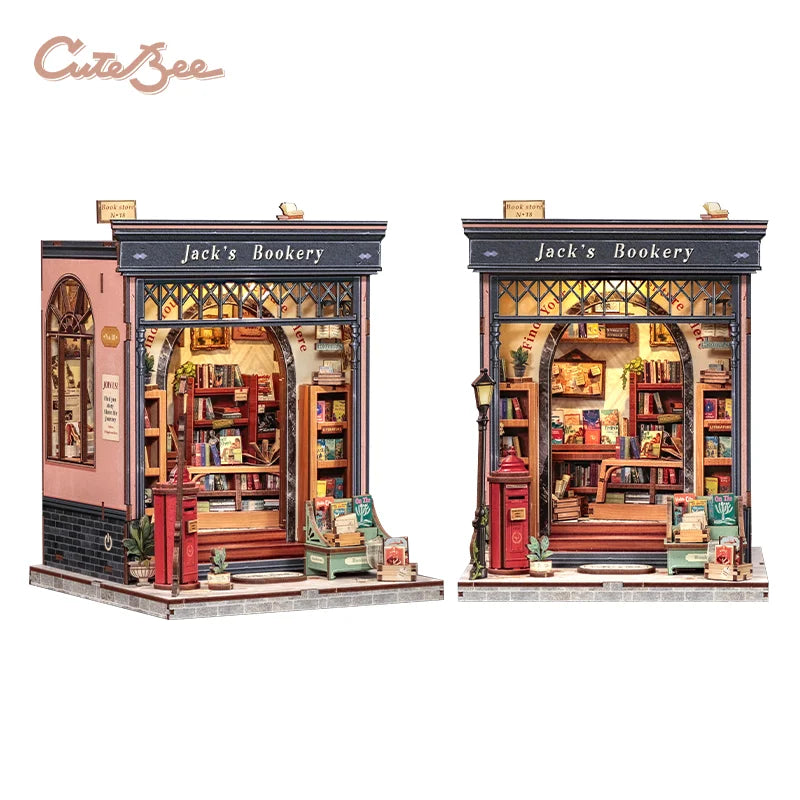 A detailed 3D wooden book nook kit featuring a Jack's Bookery storefront with interior shelves and lighting.