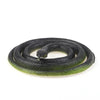 A realistic black snake prank toy coiled on a white background.