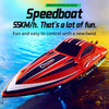 A red speedboat is shown in motion on the water, ready for remote control operation.