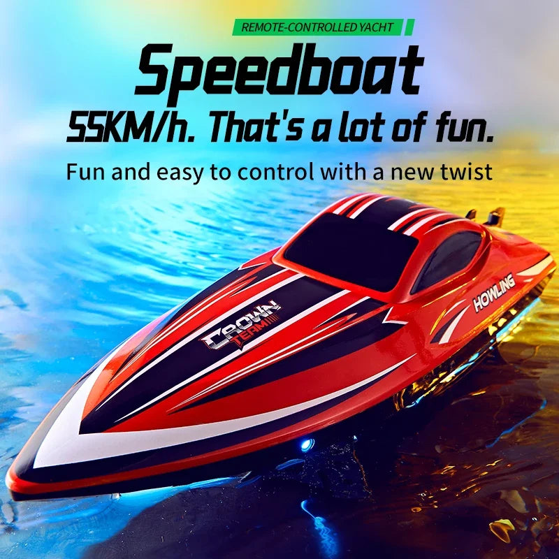 A red speedboat is shown in motion on the water, ready for remote control operation.